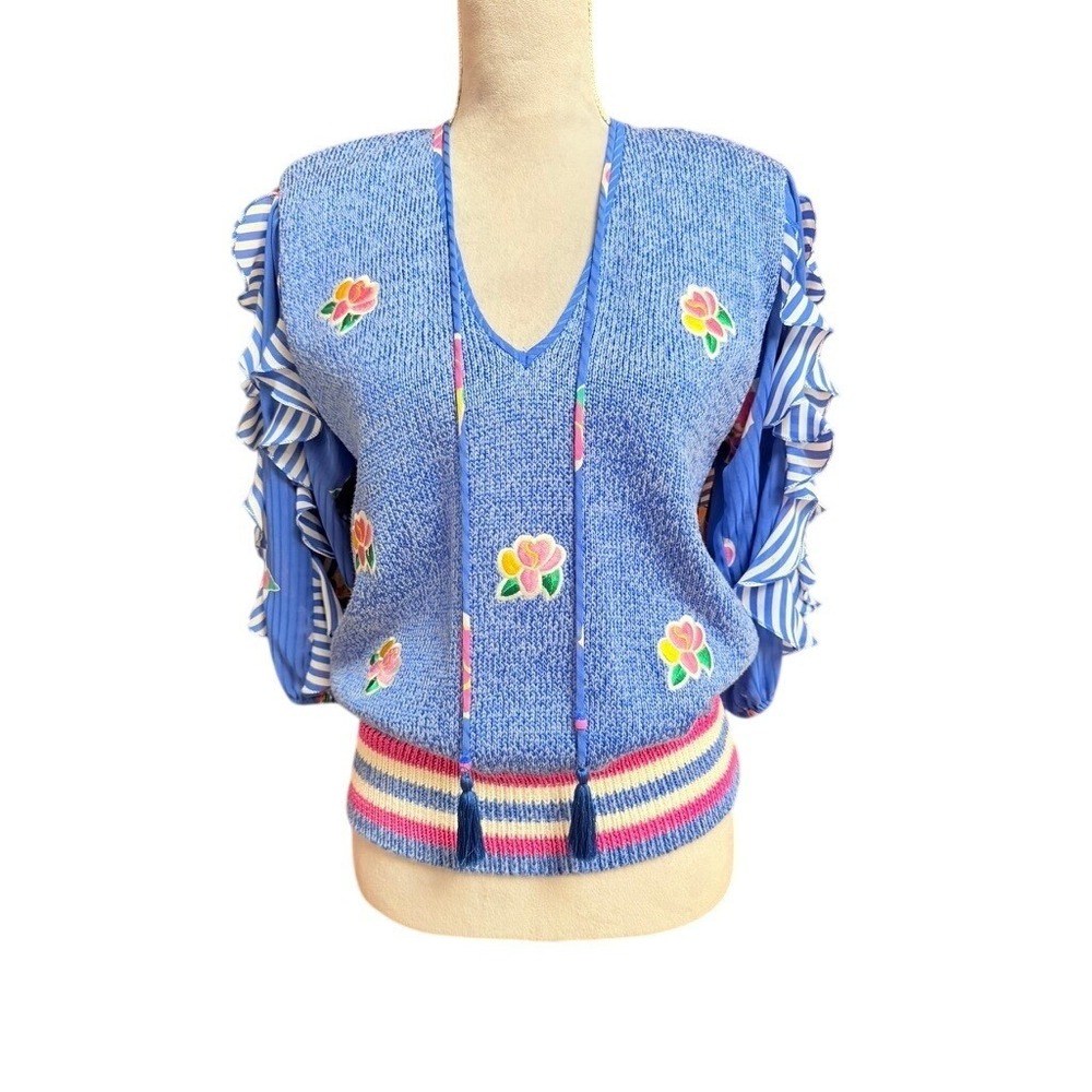 Vintage 1980s Diane Fres Marisa Christina Embroidered Sweater Womens Blue Ruffle